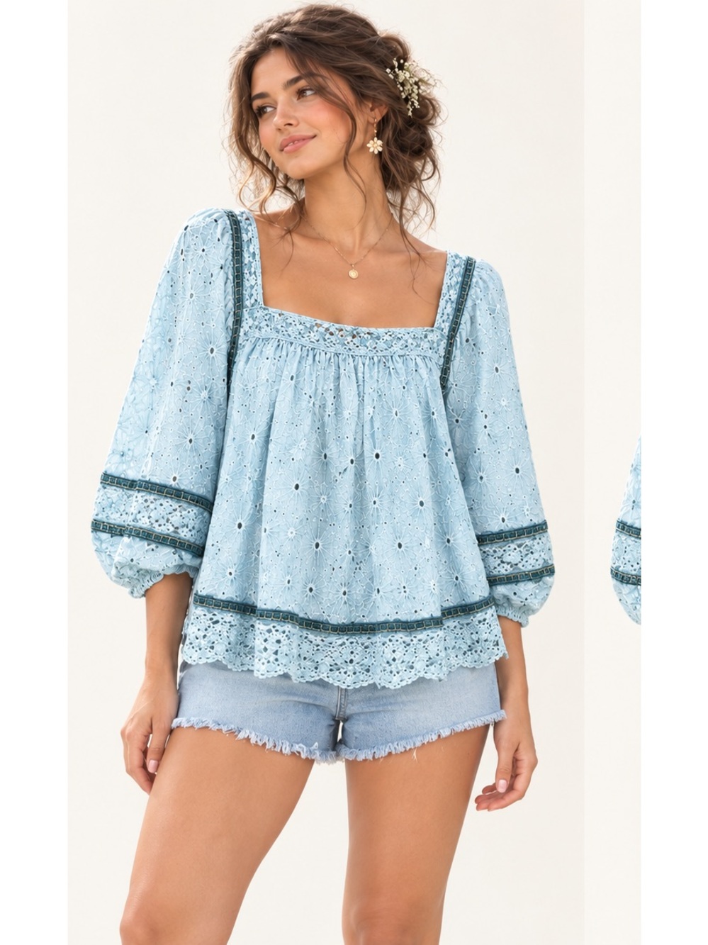 Oli & Hali White Eyelet Peasant Boho Romantic Crochet Blouse Navy Trim Large